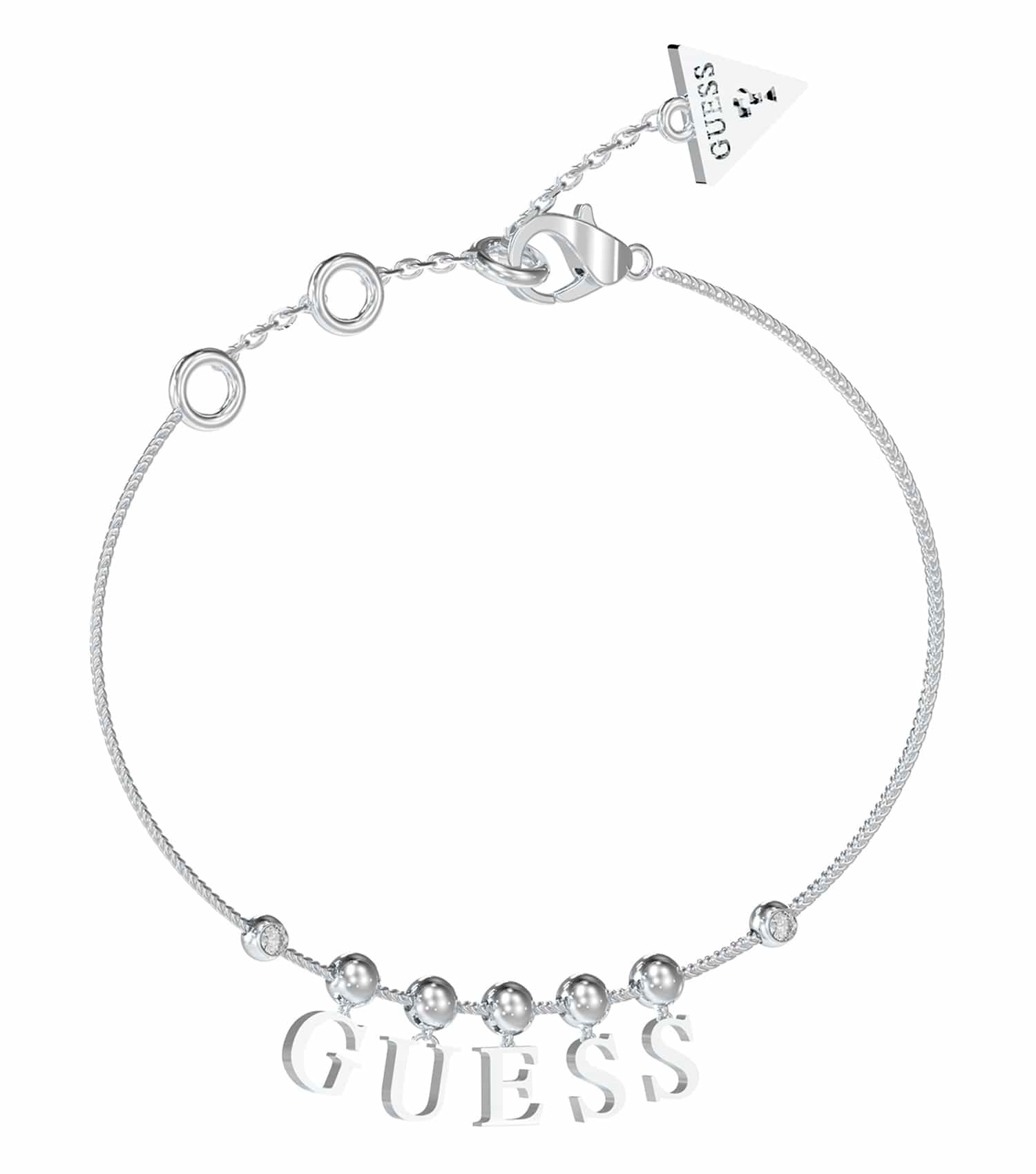  Elegant Guess Jewellery silver bracelet; front view showcasing intricate design, reflecting sophistication and fashion allure.