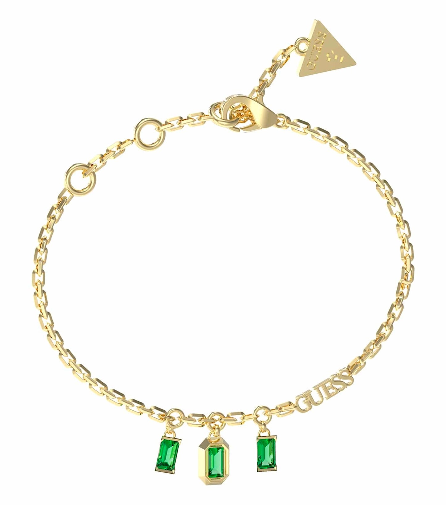 Guess Jewellery gold bracelet, featuring a sleek, elegant design, showcased lying flat on a white backdrop, angled from the left.