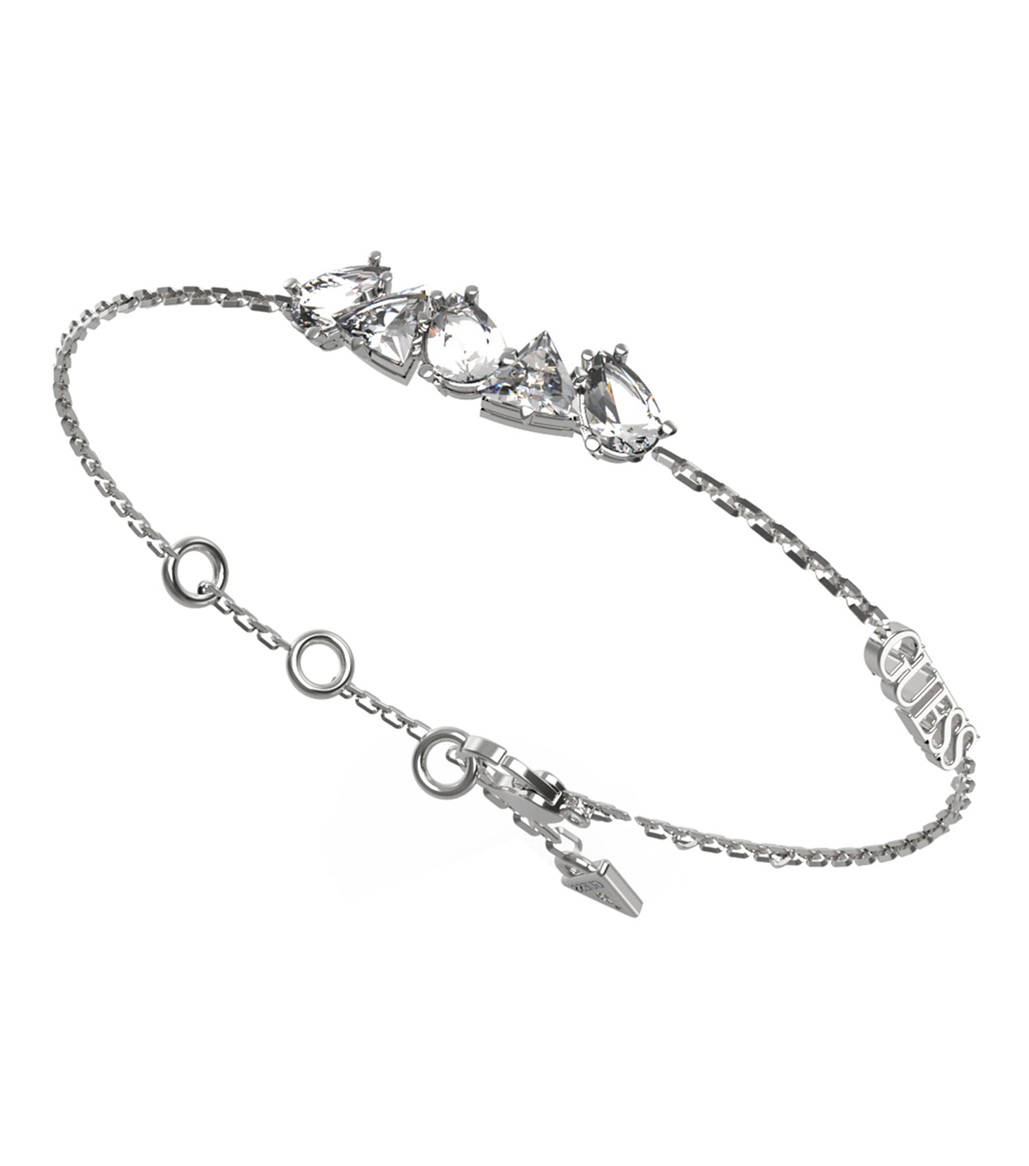 Elegant silver Guess Jewellery bracelet showcasing intricate detailing, displayed at a captivating diagonal angle against a soft backdrop.