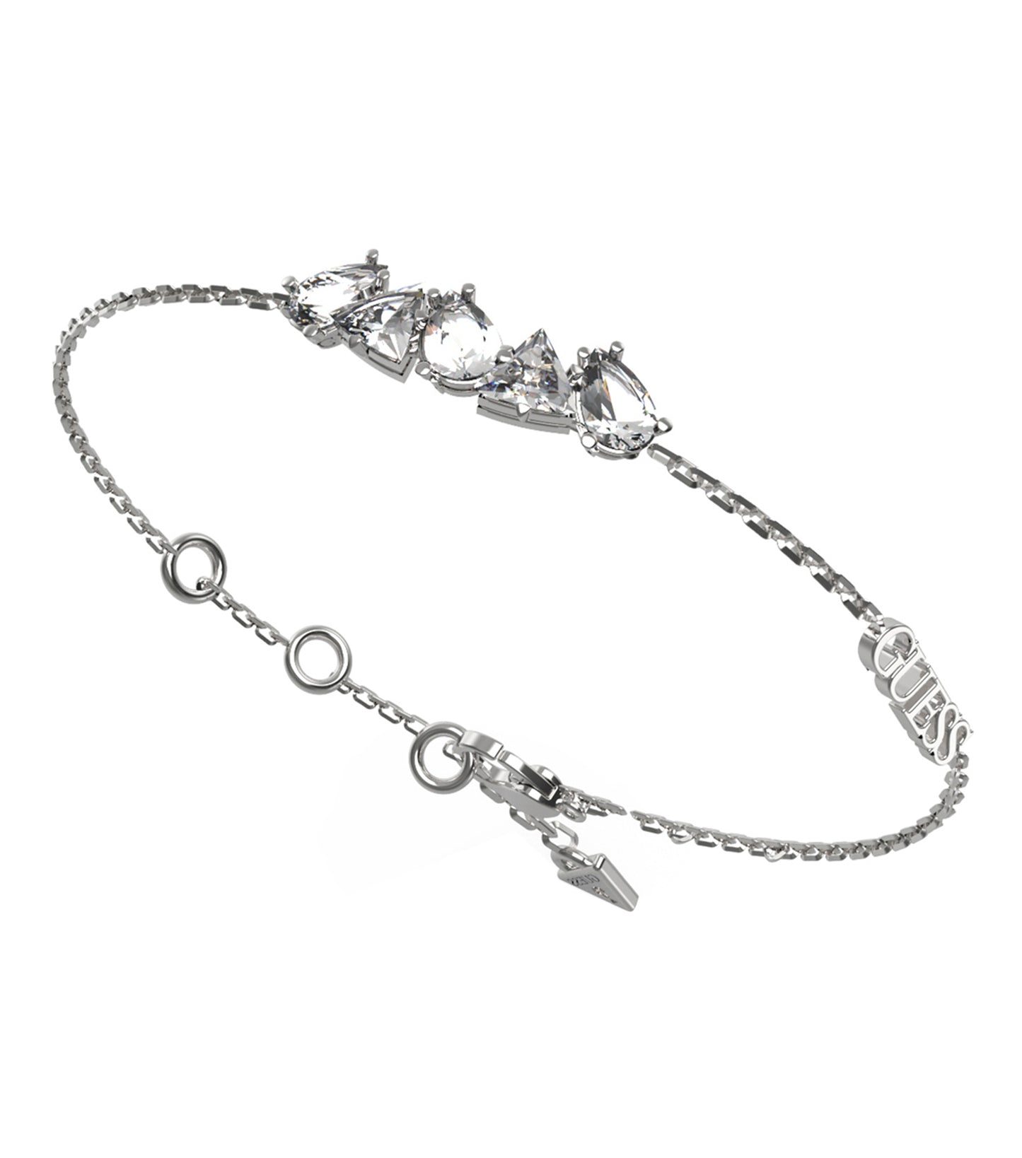 Elegant silver Guess Jewellery bracelet showcasing intricate detailing, displayed at a captivating diagonal angle against a soft backdrop.