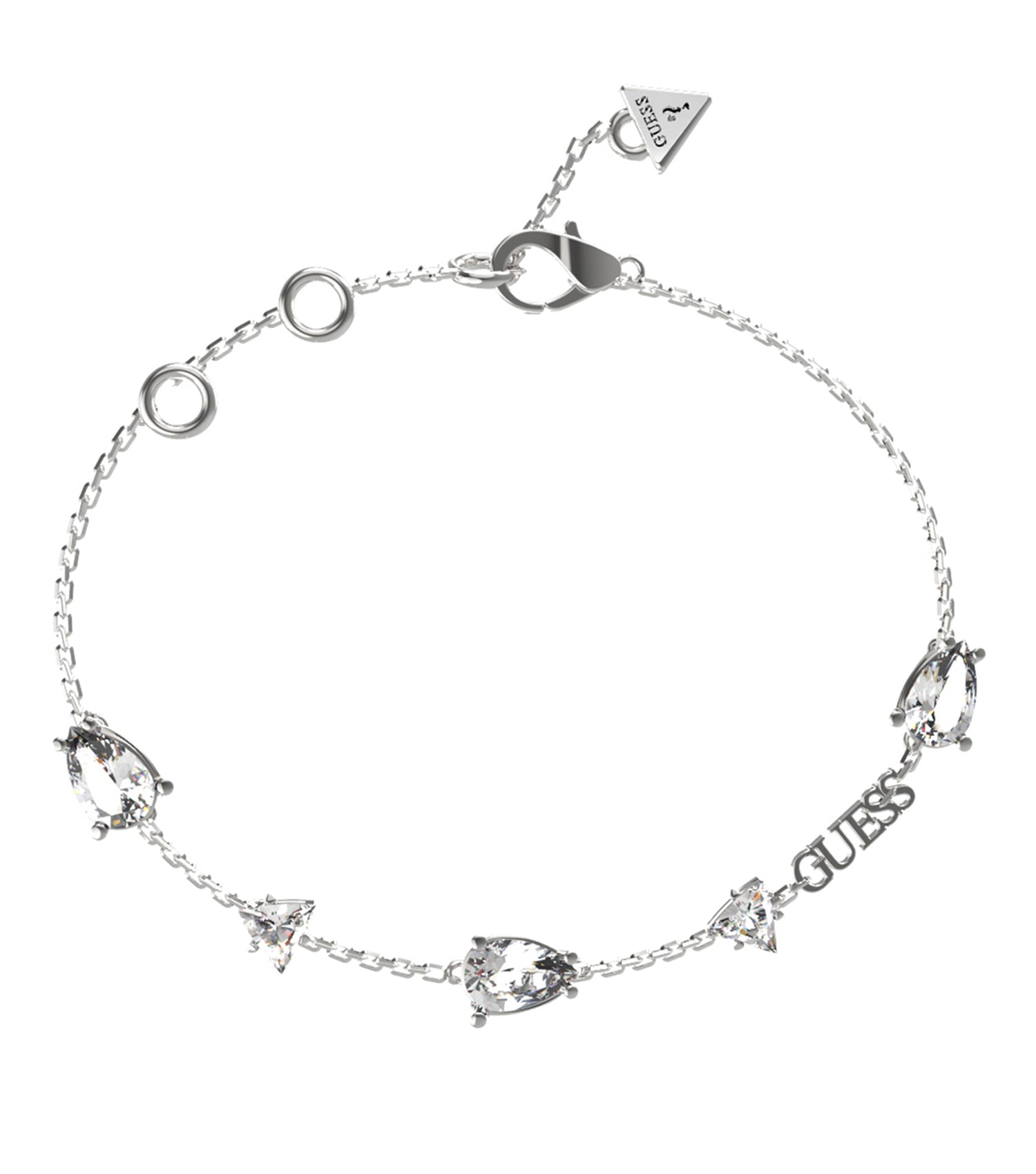 Silver Guess Jewellery bracelet with overlapping circular links, viewed from the front, showcasing elegant European design.