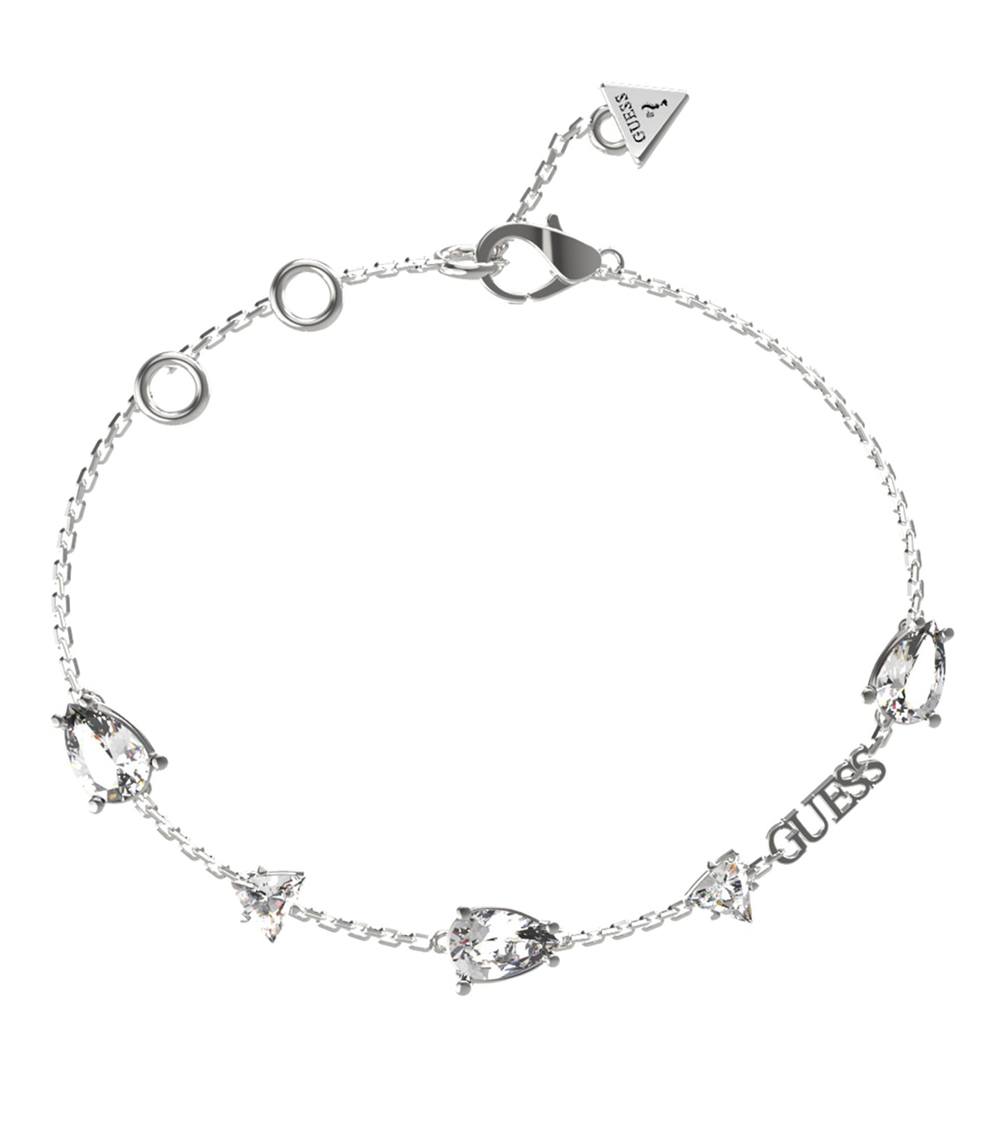 Silver Guess Jewellery bracelet with overlapping circular links, viewed from the front, showcasing elegant European design.
