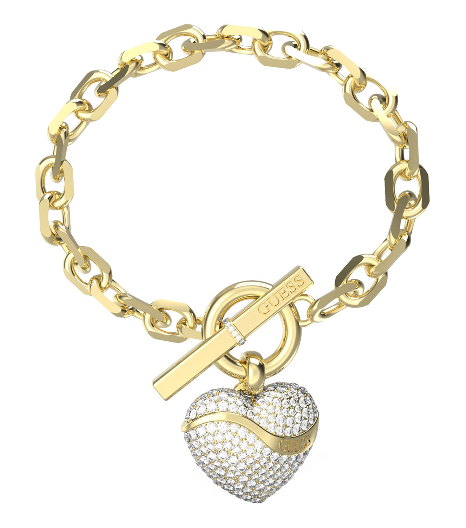 Guess Jewellery gold bracelet in a stunning angled close-up, showcasing its intricate design and luxurious shine