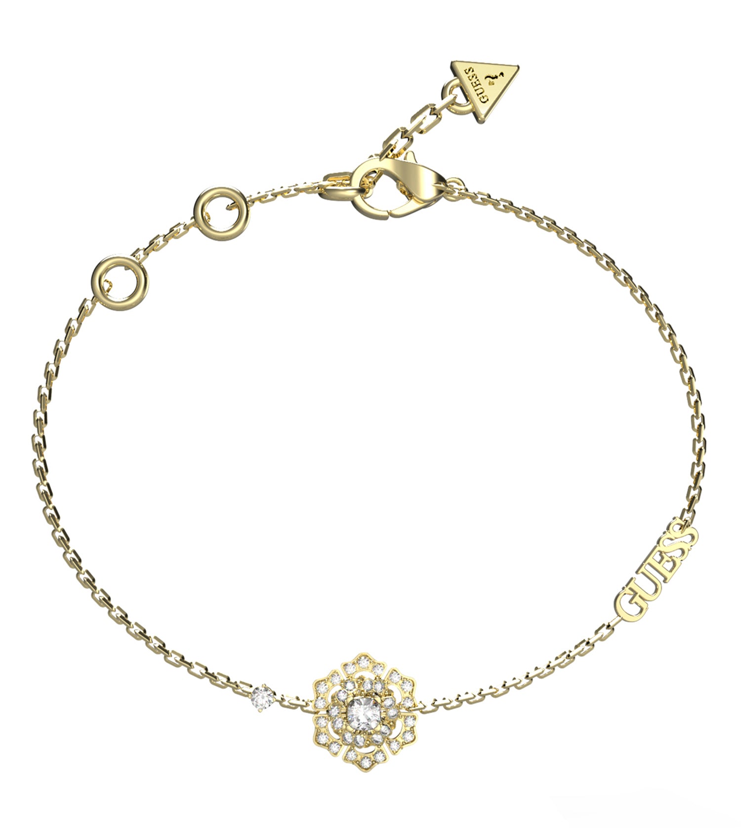 Gold Guess Jewellery bracelet in a close-up angle, showcasing its elegant design and gold color, epitomizing style and sophistication.