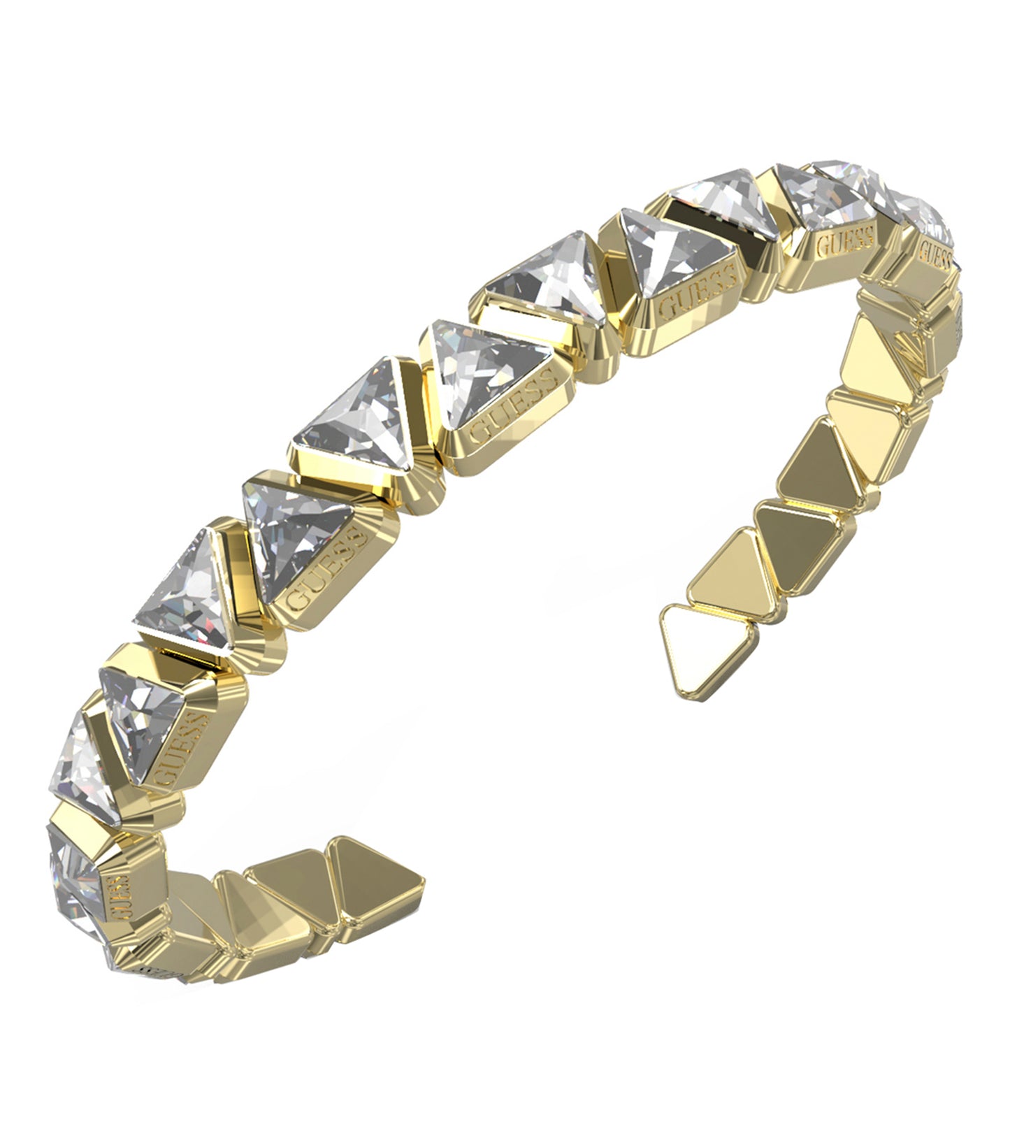 Gold-tone Guess Jewellery bracelet, side angle view; featuring sleek design, elegant clasp, and shimmering finish; perfect accessory.