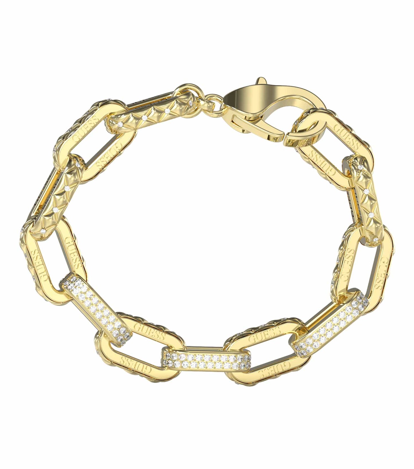 Gold Guess Jewellery bracelet glistens in spotlight with sleek, elegant design, presented beautifully angled to the side.