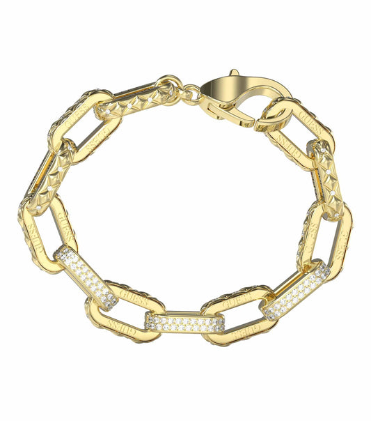 Gold Guess Jewellery bracelet glistens in spotlight with sleek, elegant design, presented beautifully angled to the side.