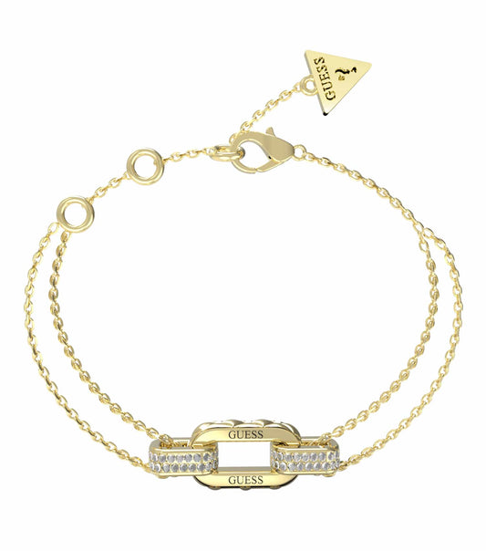 Guess Jewellery gold bracelet with elegant intertwined links, captured in a stylish top-down angle, radiating luxury and sophistication.