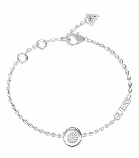Elegant Guess Jewellery silver bracelet showcased from a striking angle, highlighting its intricate design and sleek sophistication.