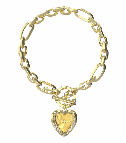 Guess Jewellery gold bracelet with a gentle curve and elegant shine, showcasing side-angle view and minimalist design elegance.