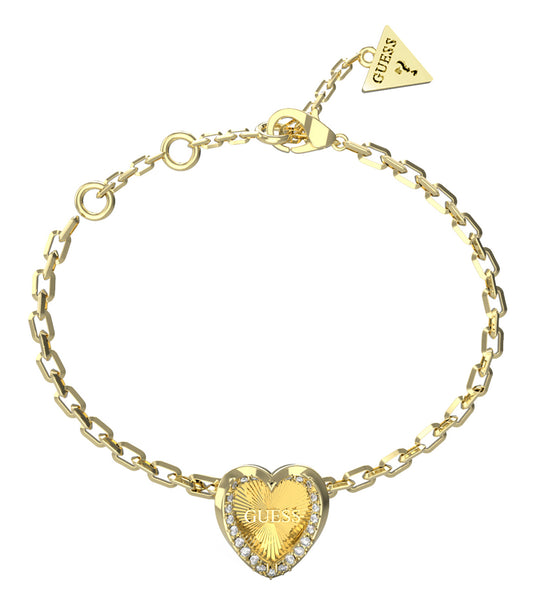 Guess Jewellery gold bracelet with sleek, elegant design on a well-lit white background, captured from a top-down angle.