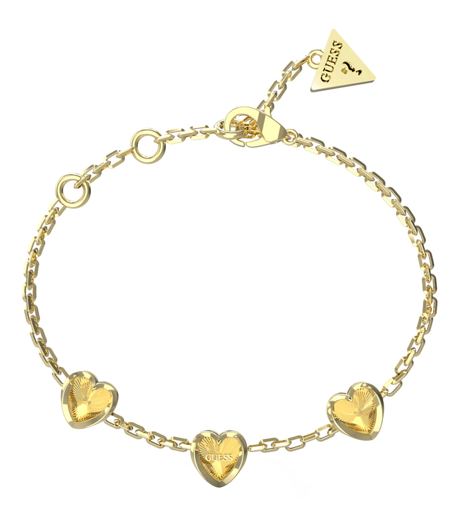 Gold-colored Guess Jewellery bracelet, close-up front angle, showcasing elegant chain design and clear sparkling gemstones