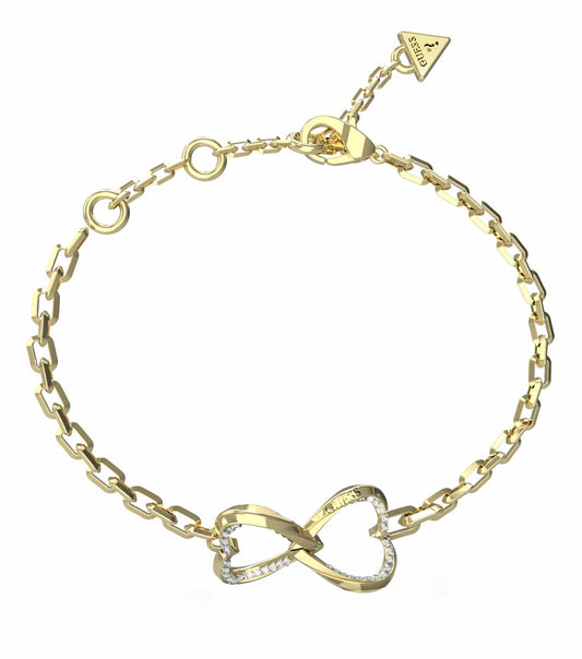Guess Jewellery gold bracelet with unique chain link design, angled flat on white background, showcasing elegance and style.