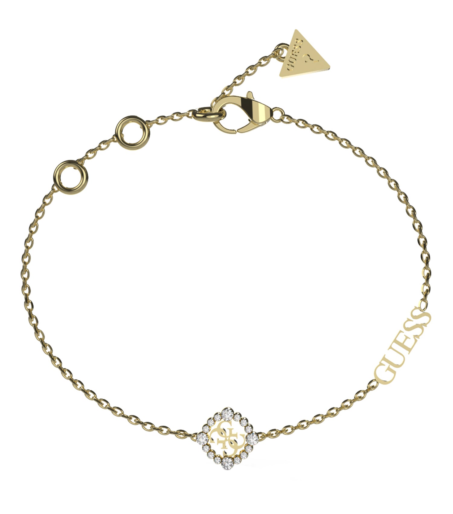 Guess Jewellery gold bracelet front view; features intricate design with sleek links, embodies elegance and style in a single hue.