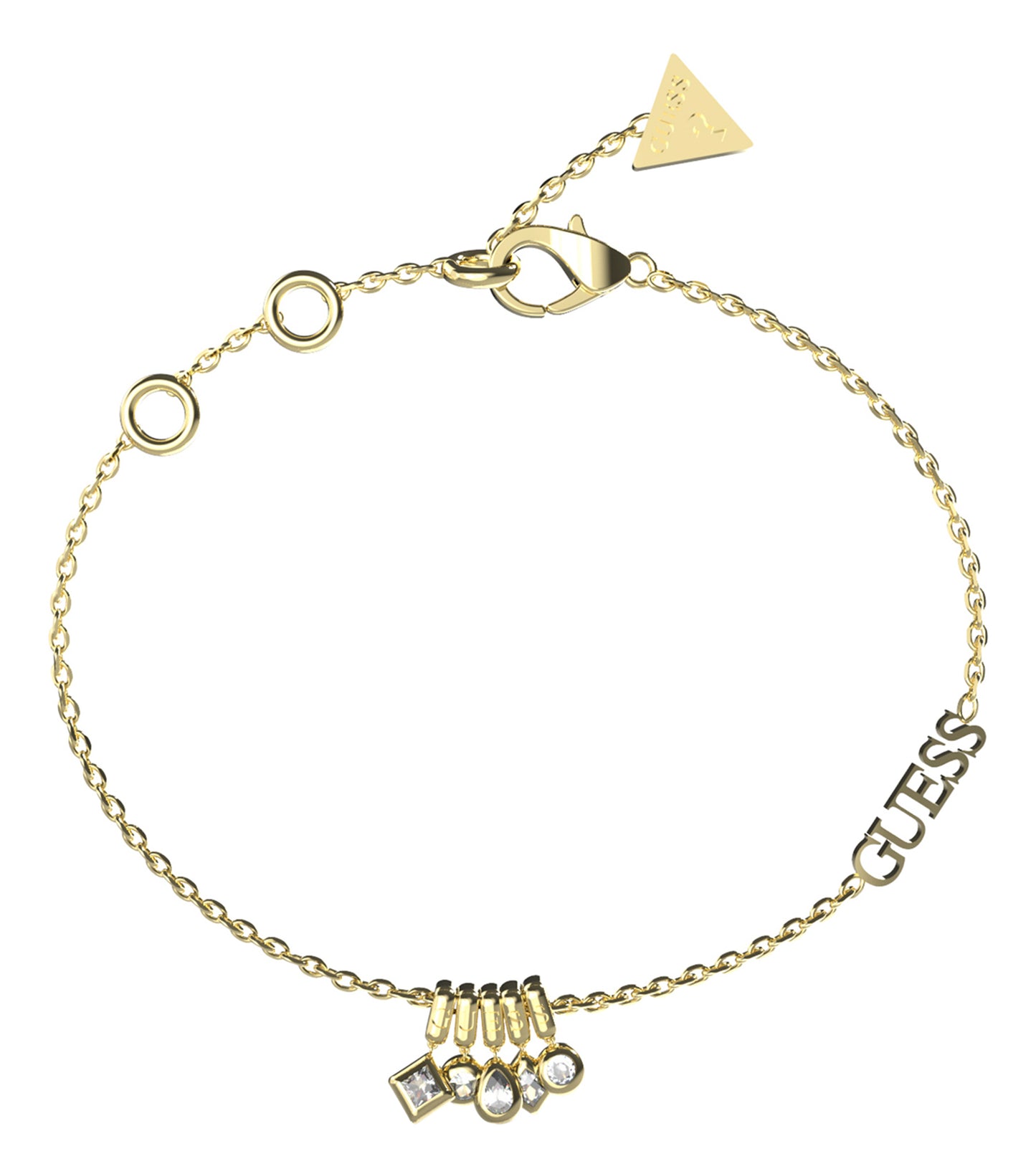Gold Guess Jewellery bracelet with an intricate chain design, shot from an overhead angle, showcasing elegance and style.