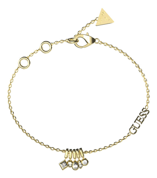 Gold Guess Jewellery bracelet with an intricate chain design, shot from an overhead angle, showcasing elegance and style.