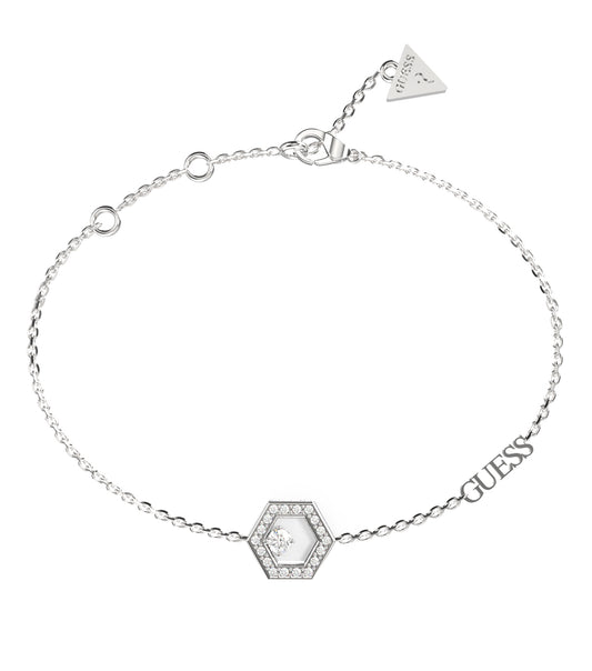 Guess Jewellery silver bracelet showcasing elegant design with front-facing angle, polished links, and branded charm detail.