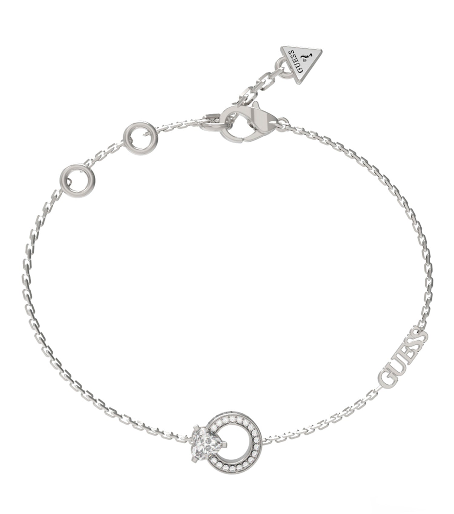 Elegant Guess Jewellery silver bracelet with a smooth finish displayed from an angled top-view, highlighting its sleek design.
