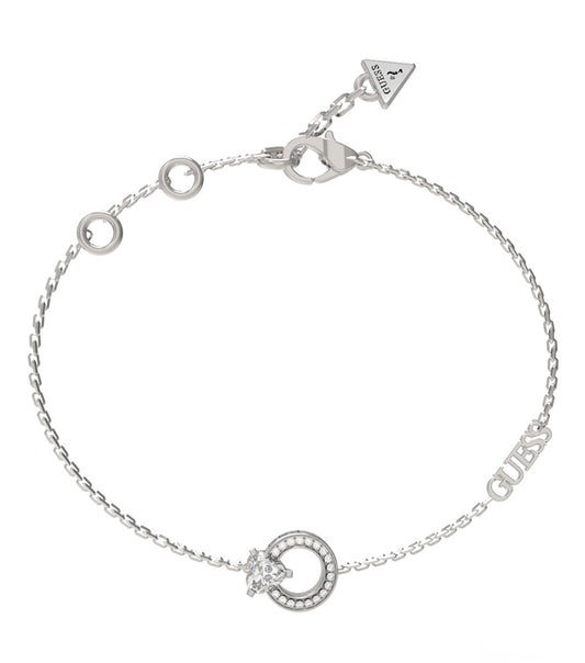 Elegant Guess Jewellery silver bracelet with a smooth finish displayed from an angled top-view, highlighting its sleek design.