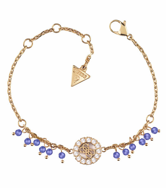 Gold-colored Guess Jewellery bracelet, angled view showcasing sleek, elegant design, perfect for fashion-forward gold accessory lovers.
