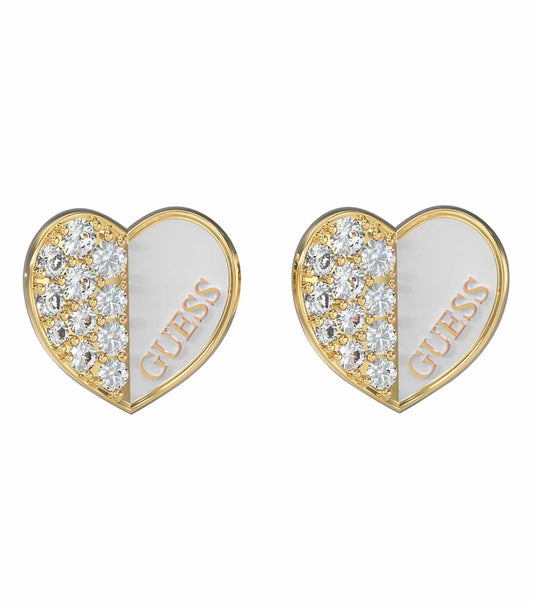Gold-colored Guess Jewellery earrings with a sleek, luxurious design, front angle view showing intricate detailing and elegance.