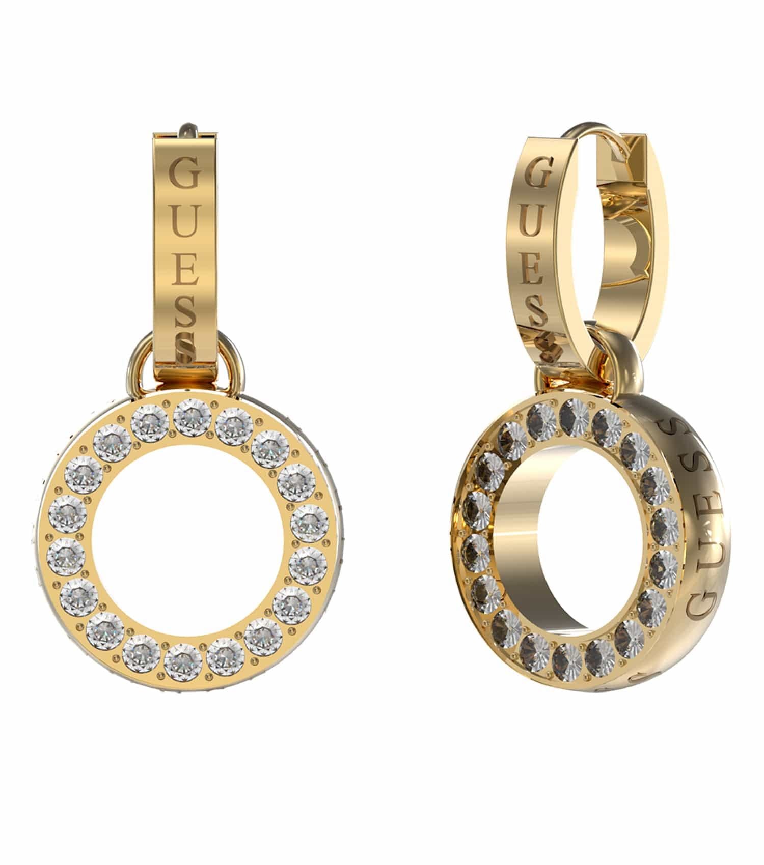 Guess Jewellery gold-colored earrings, angled slightly left, showcasing intricate design, elegance, and sophistication.
