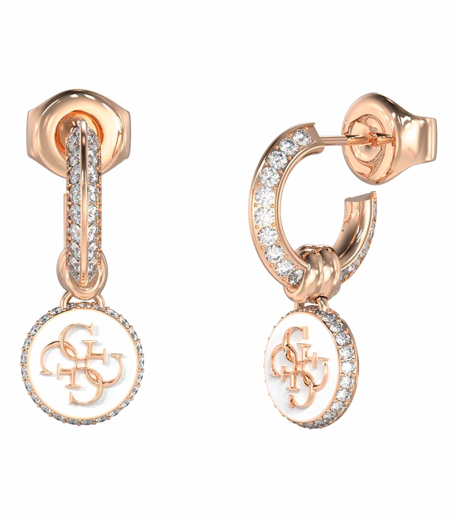Guess Jewellery rose gold earrings, showcasing an elegant angle with a captivating shine, perfect for adding glamour to any outfit.