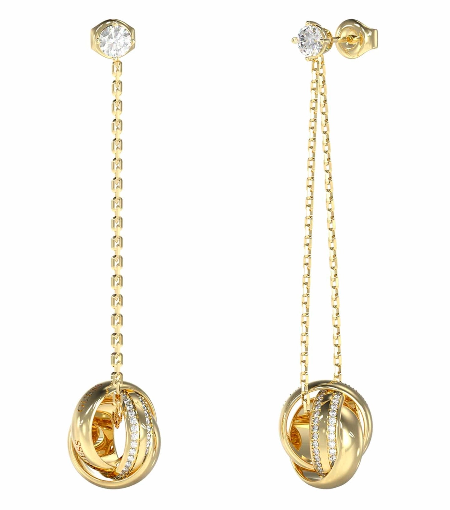 Elegant Guess Jewellery gold earrings, captured in a close-up front angle, showcasing intricate detailing and luxurious shine.