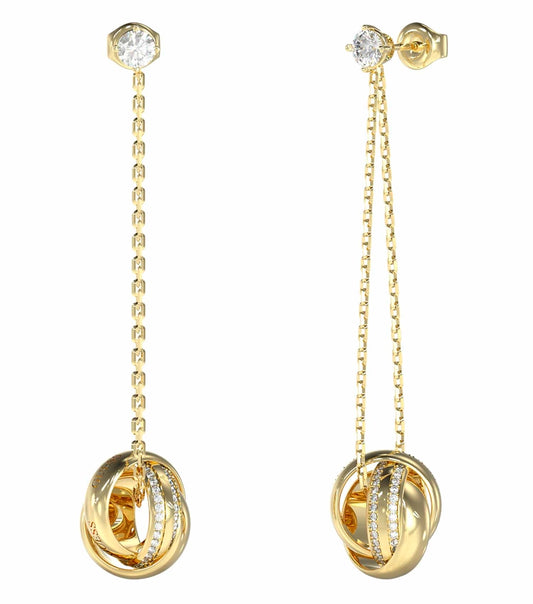 Elegant Guess Jewellery gold earrings, captured in a close-up front angle, showcasing intricate detailing and luxurious shine.