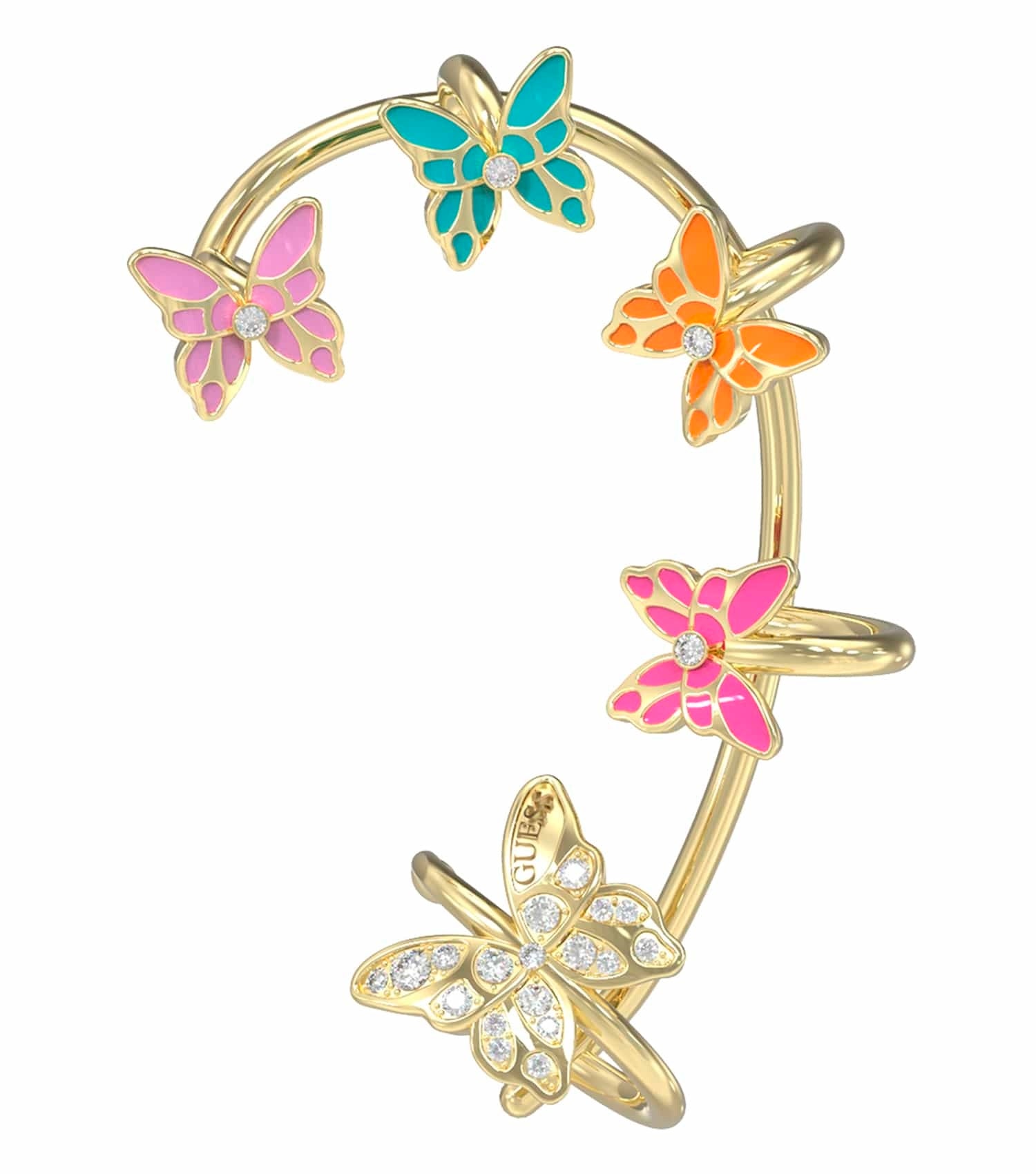 Elegant Guess Jewellery gold earrings, front angle view, showcasing smooth curves and glossy finish; must-have accessory.