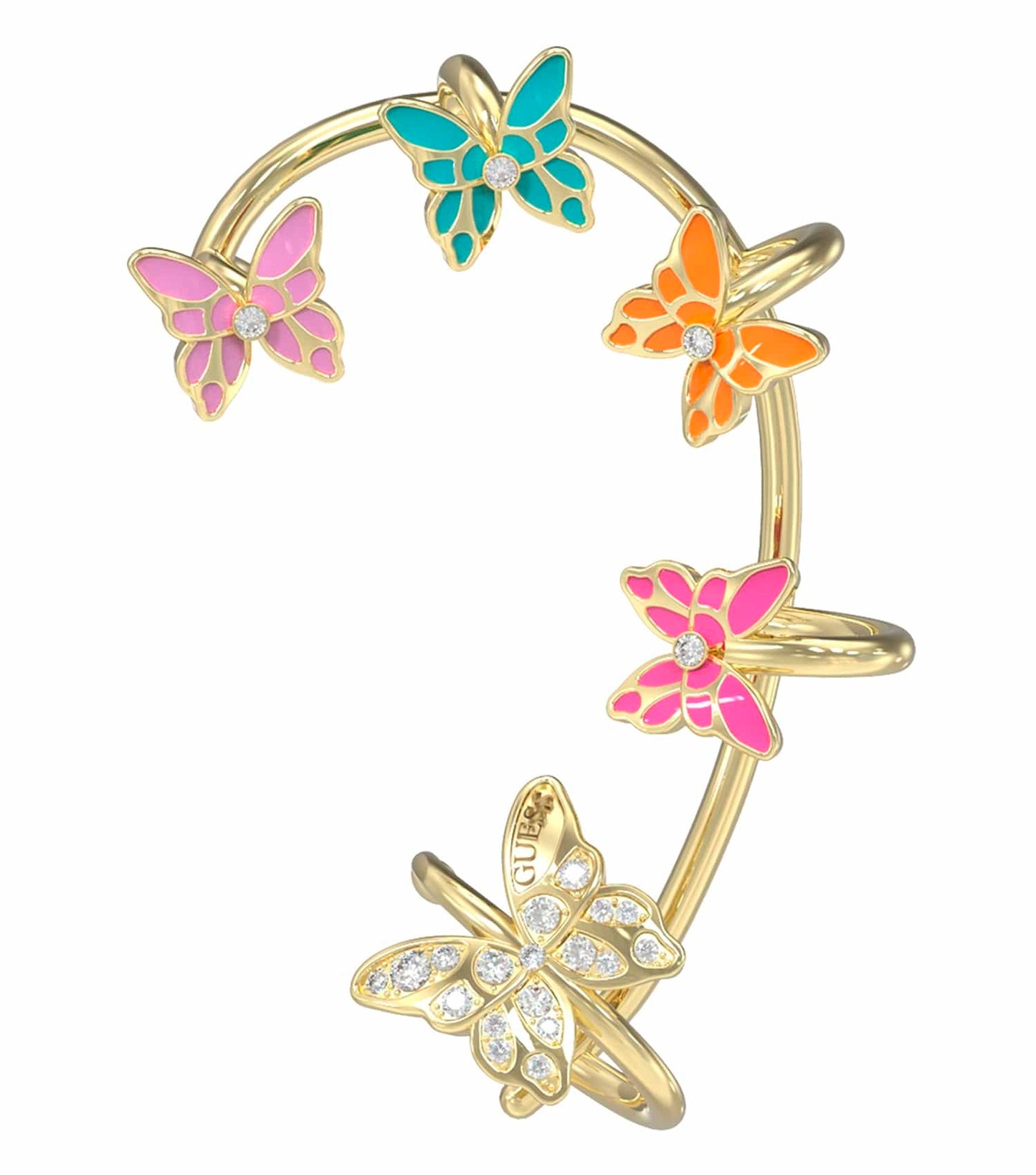 Elegant Guess Jewellery gold earrings, front angle view, showcasing smooth curves and glossy finish; must-have accessory.