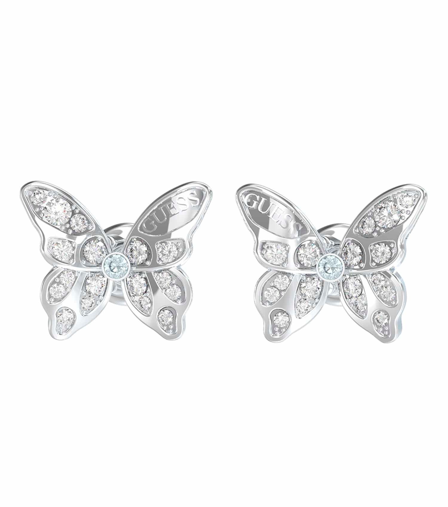 Silver-colored Guess Jewellery earrings featuring a chic, modern design; captured from a front angle with intricate detailing.