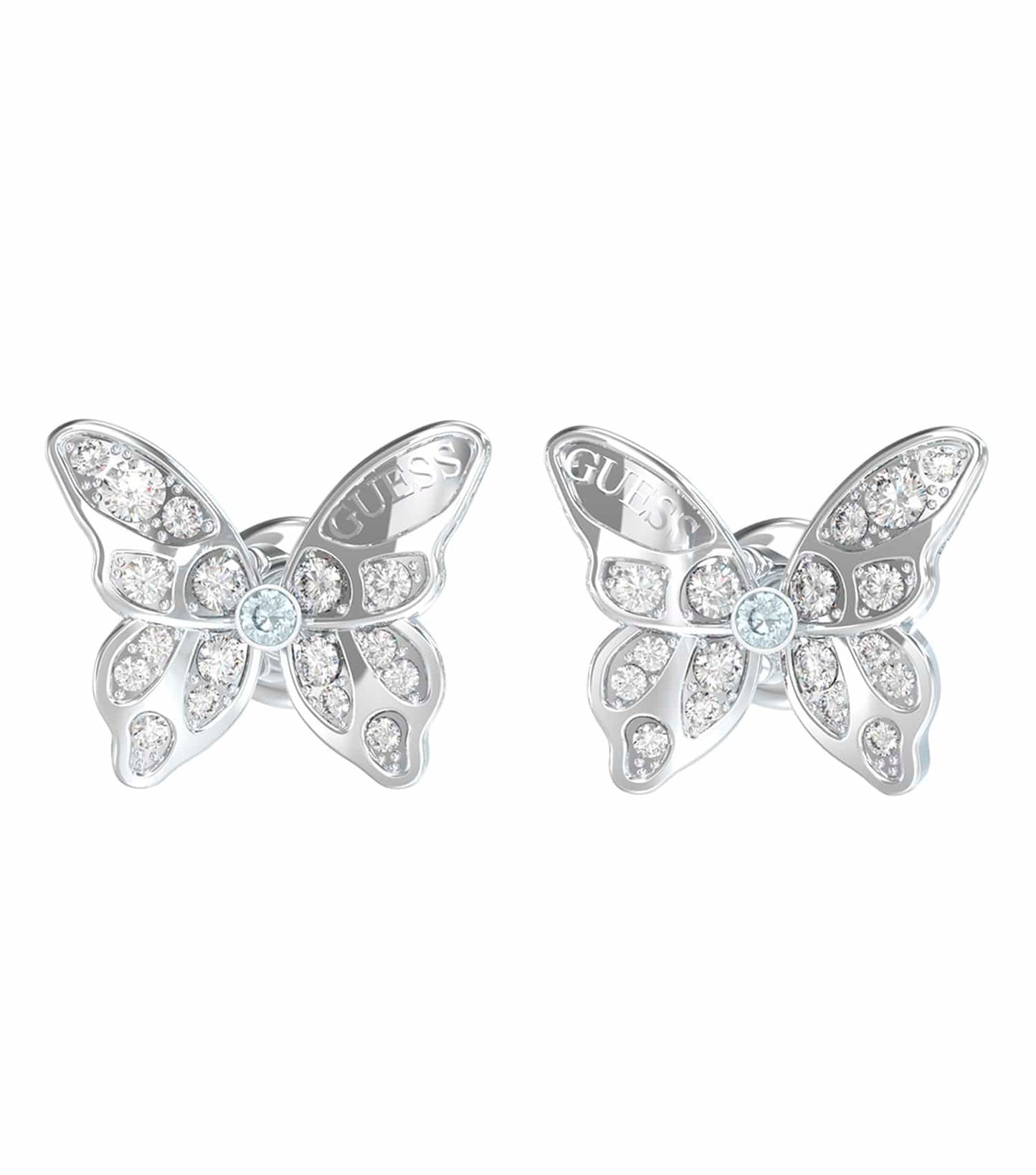 Silver-colored Guess Jewellery earrings featuring a chic, modern design; captured from a front angle with intricate detailing.