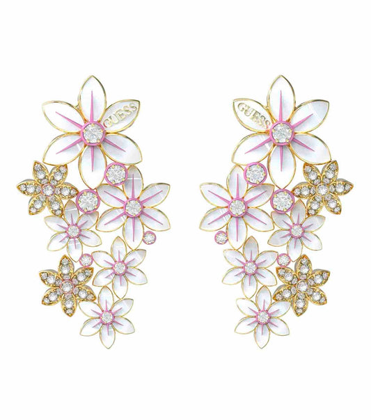 Gold-colored Guess Jewellery earrings beautifully showcased at an angle revealing exquisite detailing and elegant design.