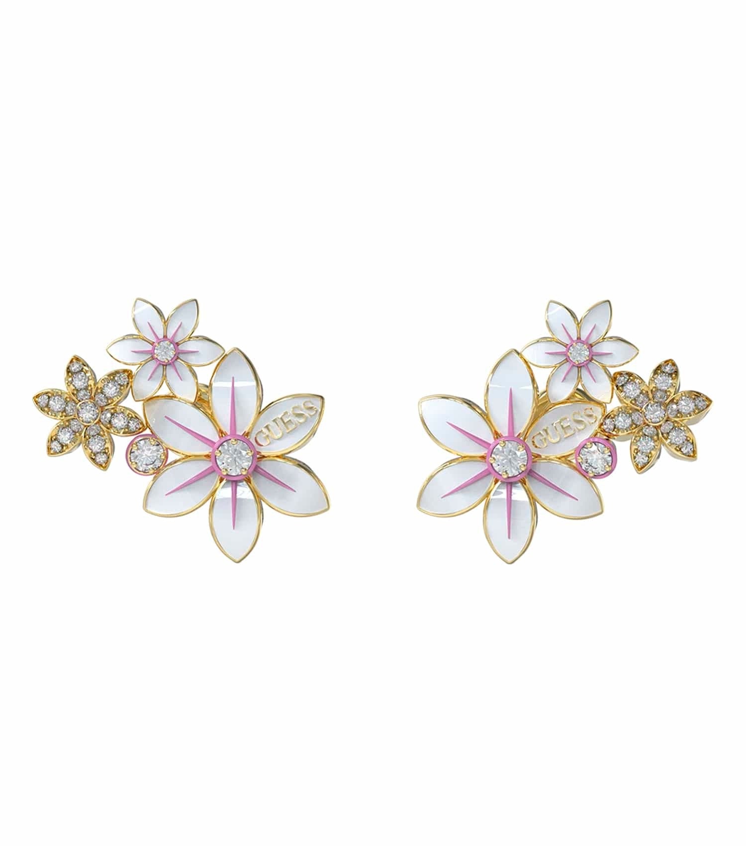 Guess Jewellery gold color earrings, front angle; sleek, elegant design exuding timeless glamour, perfect for sophisticated style.