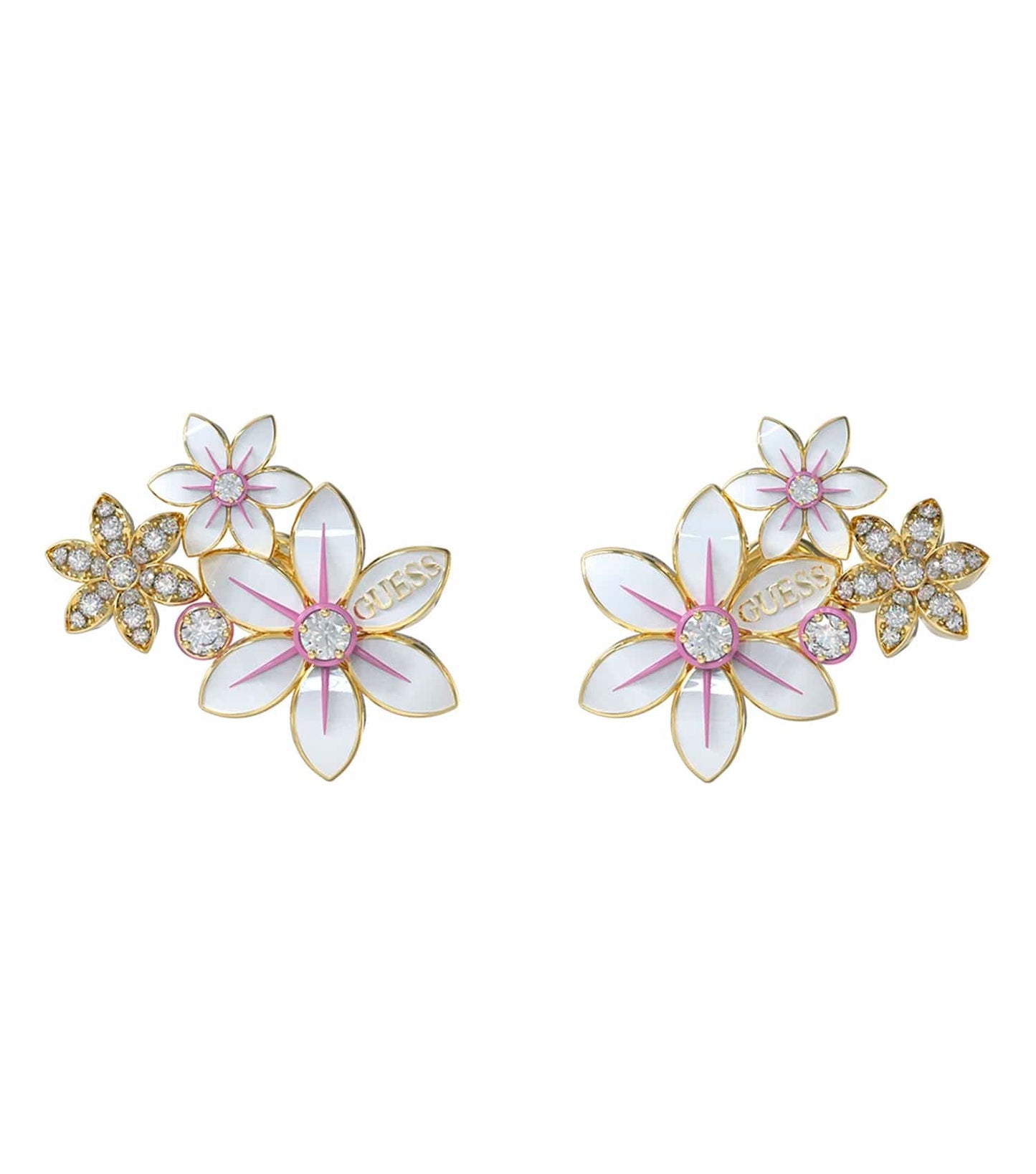 Guess Jewellery gold color earrings, front angle; sleek, elegant design exuding timeless glamour, perfect for sophisticated style.