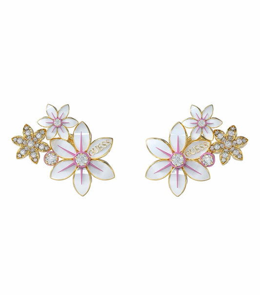 Guess Jewellery gold color earrings, front angle; sleek, elegant design exuding timeless glamour, perfect for sophisticated style.
