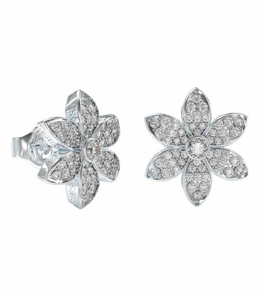 Guess Jewellery silver-colored earrings elegantly displayed in a side angle, showcasing their sleek, modern design.