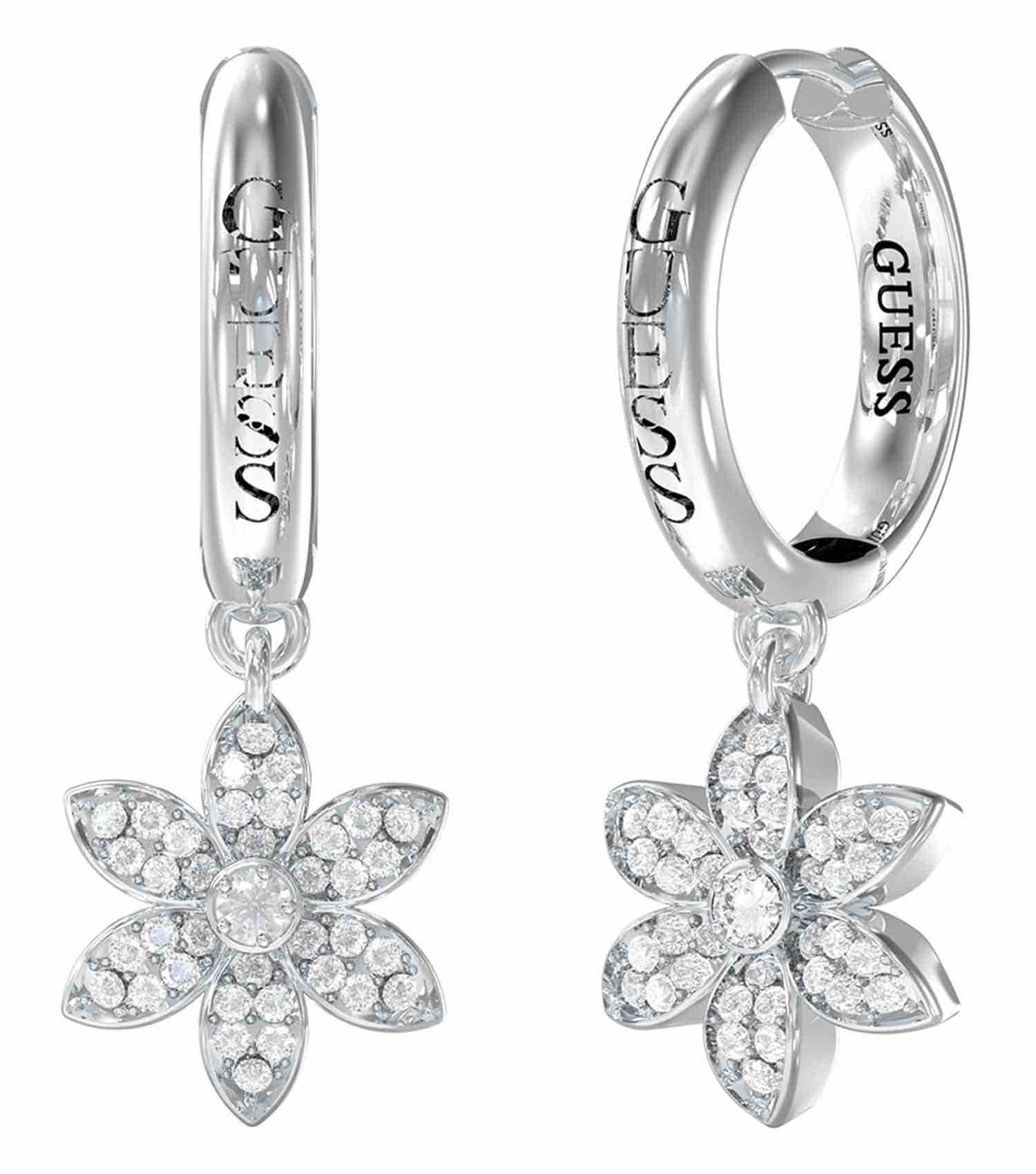 Elegant Guess Jewellery silver earrings showcasing a polished finish, photographed from a front angle against a white backdrop.