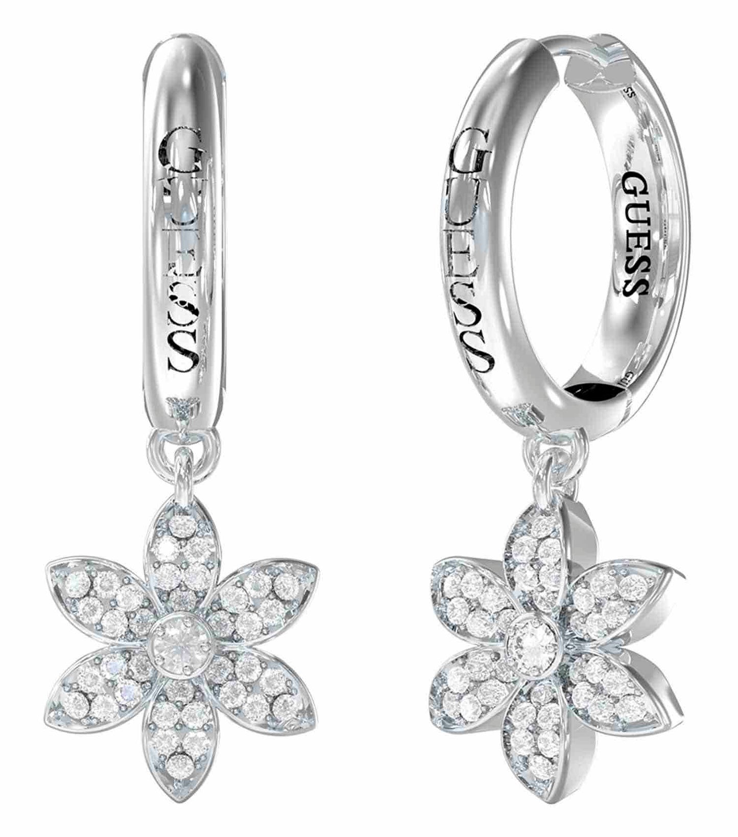 Elegant Guess Jewellery silver earrings showcasing a polished finish, photographed from a front angle against a white backdrop.