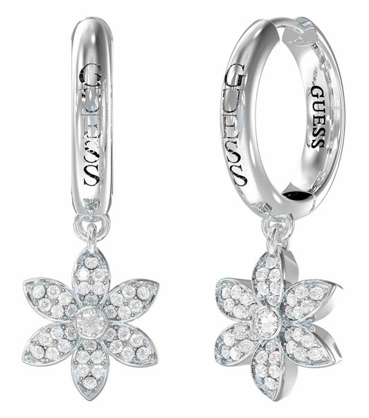 Elegant Guess Jewellery silver earrings showcasing a polished finish, photographed from a front angle against a white backdrop.