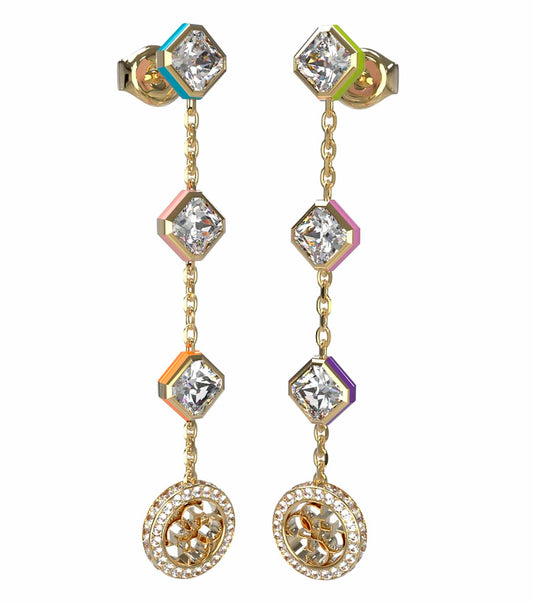 Guess Jewellery gold earrings front view, featuring a sleek and modern design, with delicate detailing, embodying elegance.