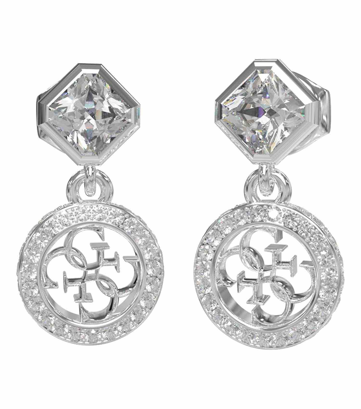 Guess Jewellery silver earrings, exquisite design, front angle showcasing intricate detailing and elegant shine, reflecting sophistication.