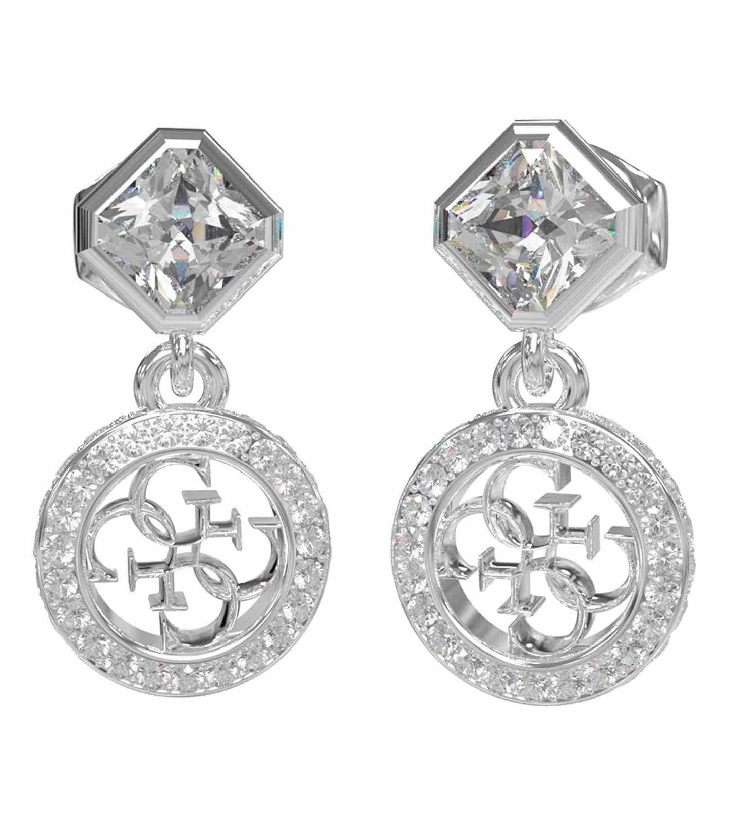 Guess Jewellery silver earrings, exquisite design, front angle showcasing intricate detailing and elegant shine, reflecting sophistication.