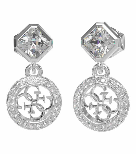 Guess Jewellery silver earrings, exquisite design, front angle showcasing intricate detailing and elegant shine, reflecting sophistication.