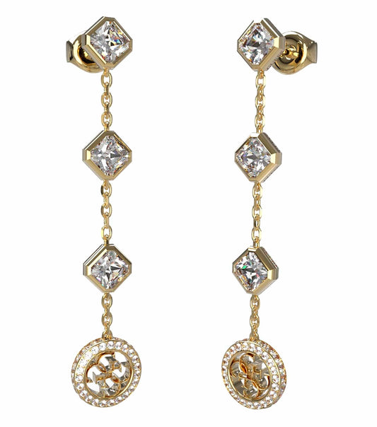 Guess Jewellery gold earrings, intricately designed and highlighted in a frontal angle, reflecting elegance and sophistication.