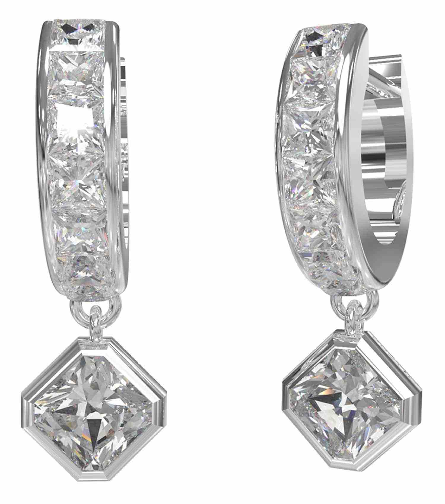 Silver Guess Jewellery earrings displayed from a slight angle, showcasing their elegant design and lustrous finish.