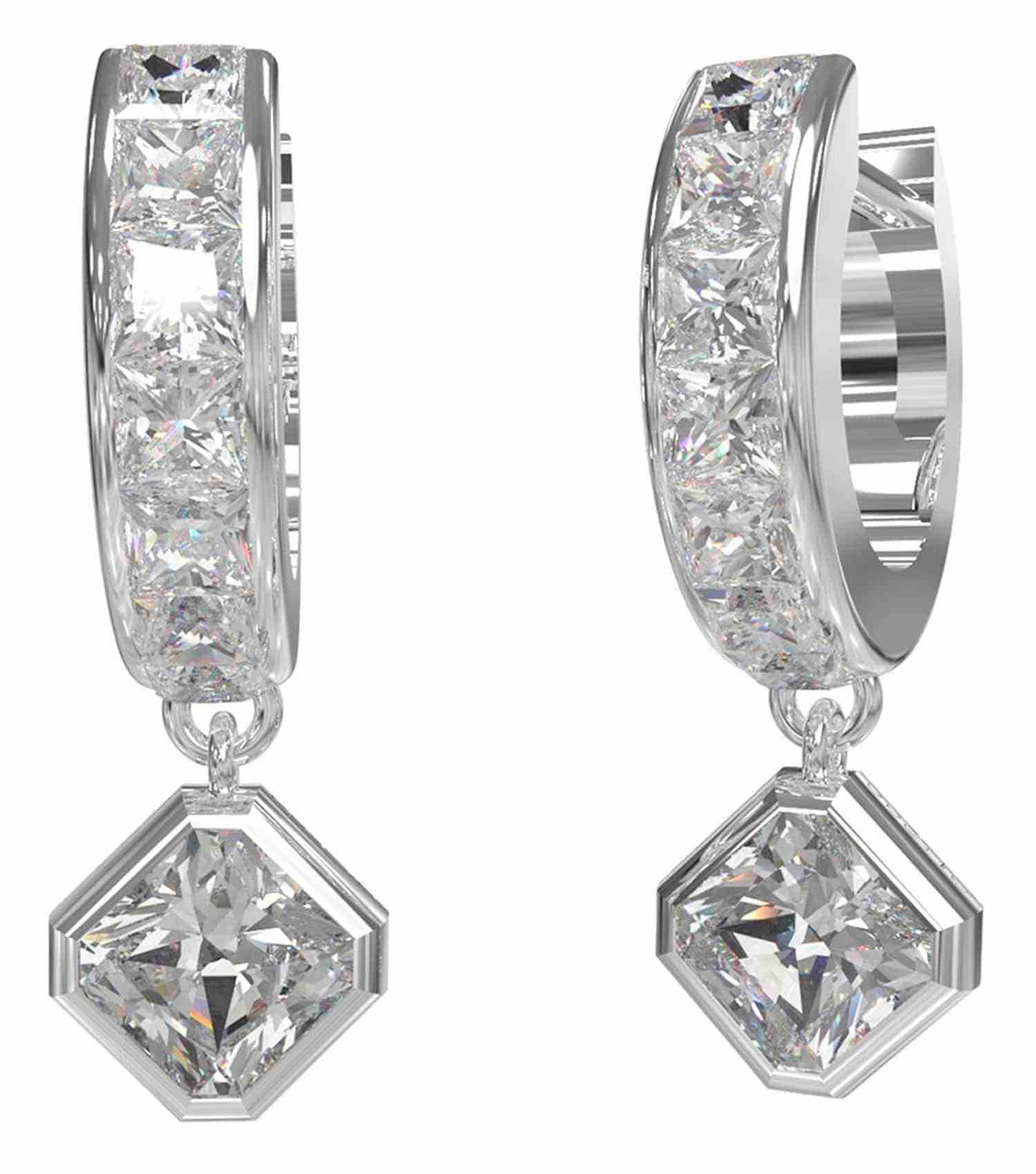 Silver Guess Jewellery earrings displayed from a slight angle, showcasing their elegant design and lustrous finish.