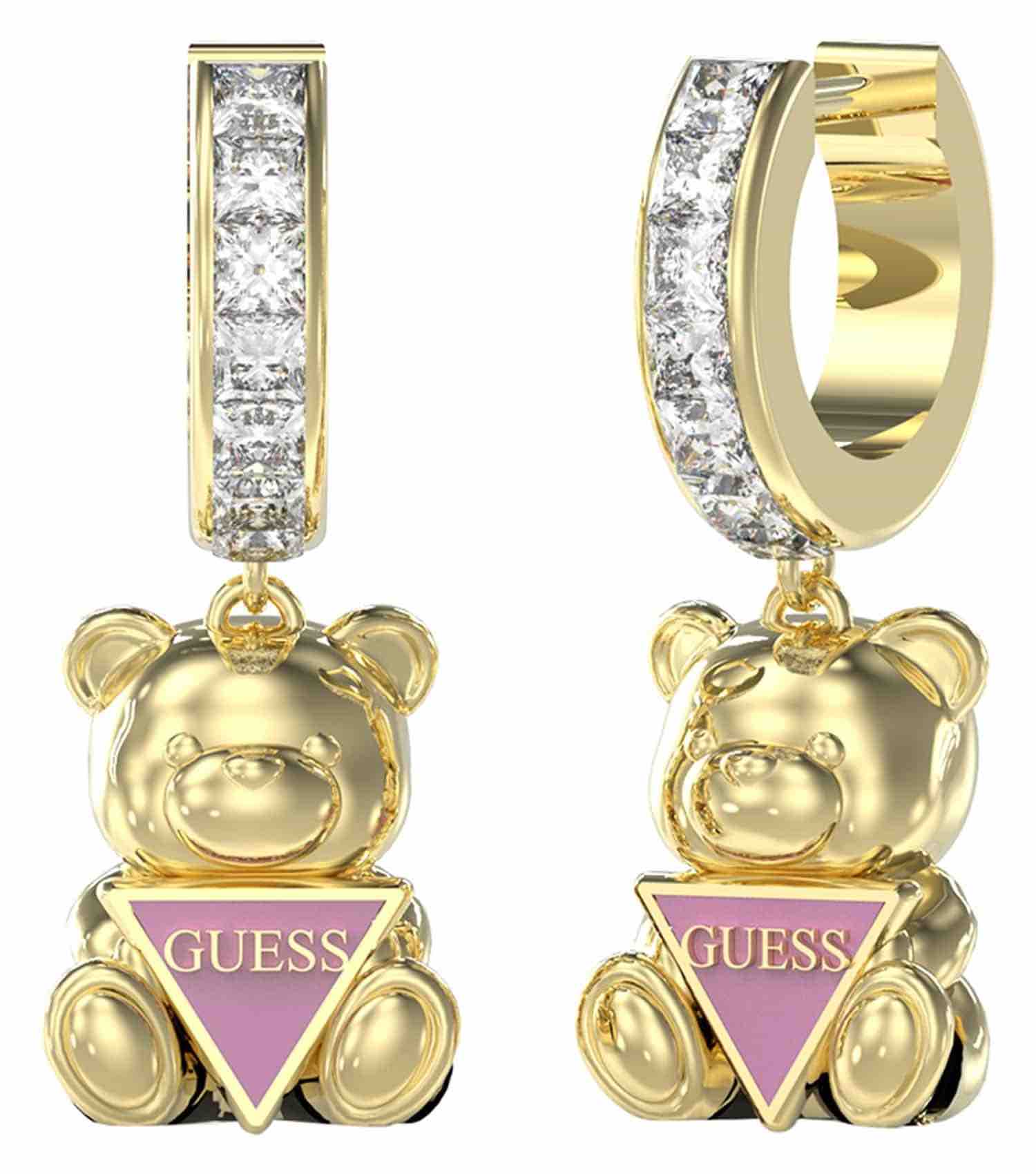 Elegant Guess Jewellery gold earrings, front view, showcasing a sophisticated design with smooth curves and subtle sparkle.