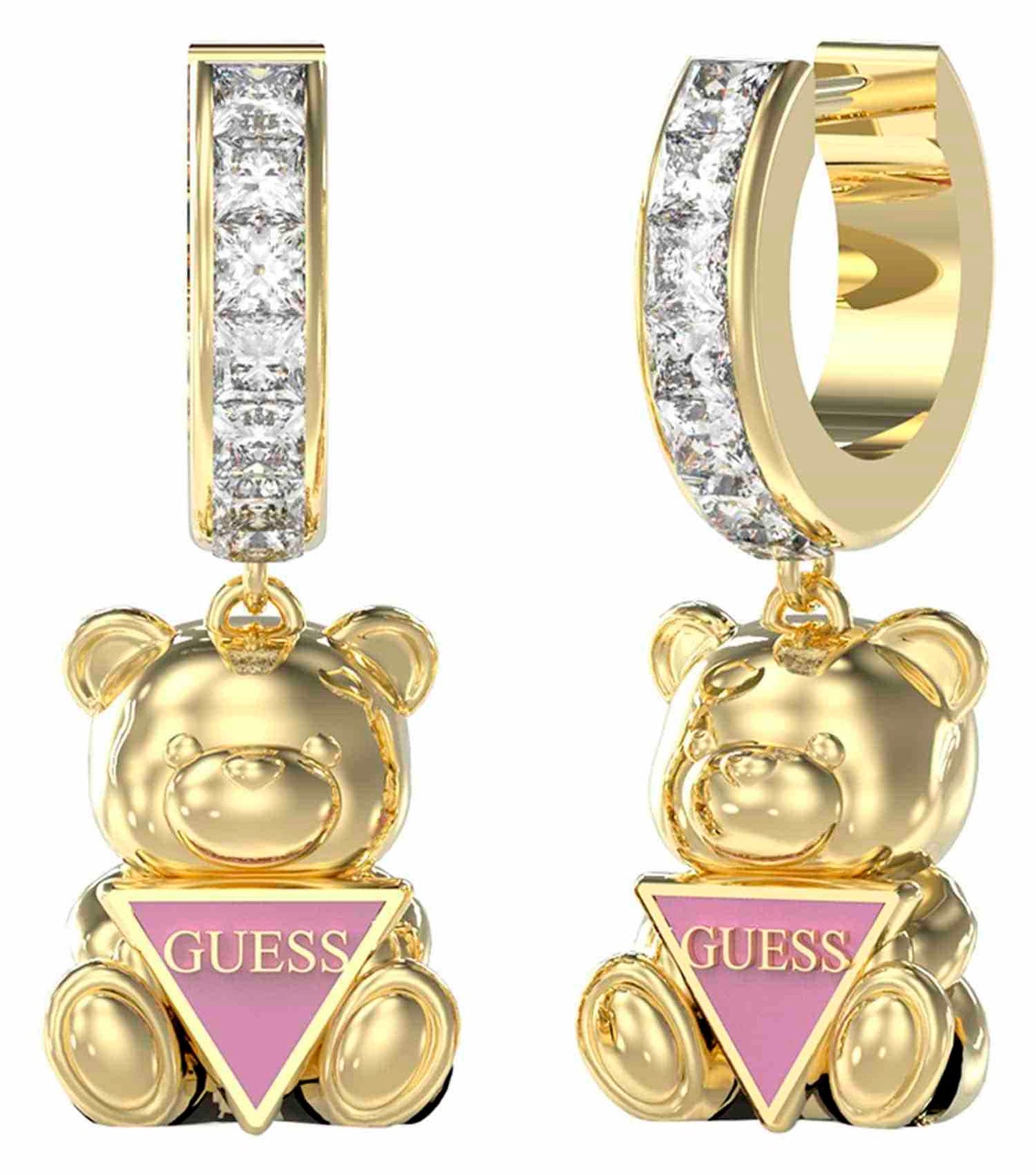 Elegant Guess Jewellery gold earrings, front view, showcasing a sophisticated design with smooth curves and subtle sparkle.